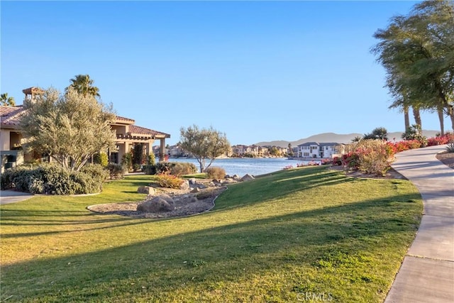 view of property's community featuring a water view and a lawn