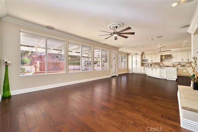 unfurnished living room featuring sink, dark hardwood / wood-style floors, and crown molding