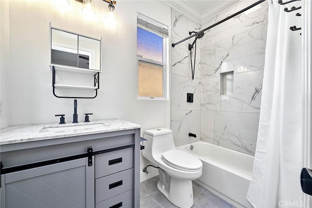 full bathroom with toilet, vanity, tile patterned flooring, crown molding, and shower / bath combination with curtain