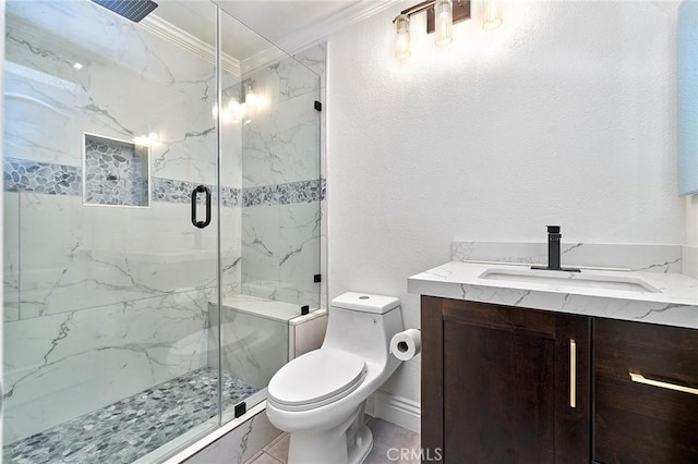 bathroom with toilet, crown molding, an enclosed shower, and vanity