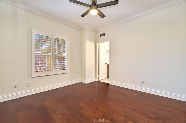 unfurnished room featuring ceiling fan, hardwood / wood-style floors, and crown molding