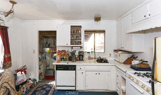 kitchen featuring white cabinetry, sink, white appliances, and crown molding