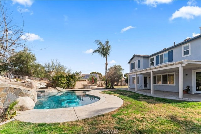 view of pool with a patio, a lawn, and a pergola