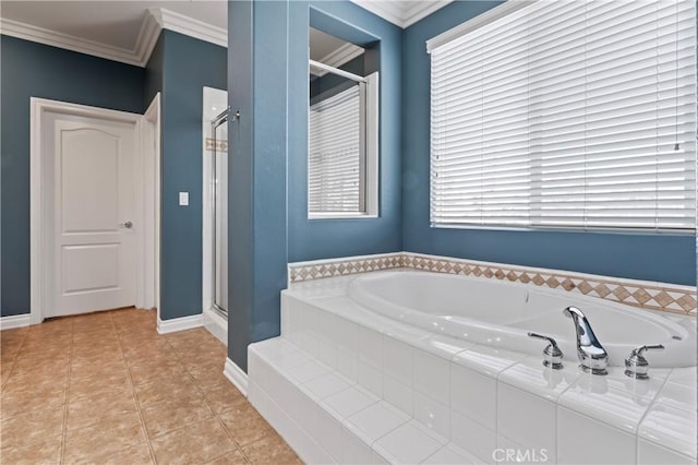 bathroom featuring tile patterned flooring, ornamental molding, and plus walk in shower