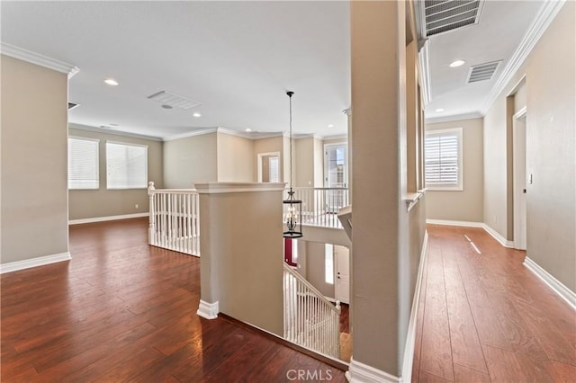 hall featuring crown molding and dark hardwood / wood-style floors