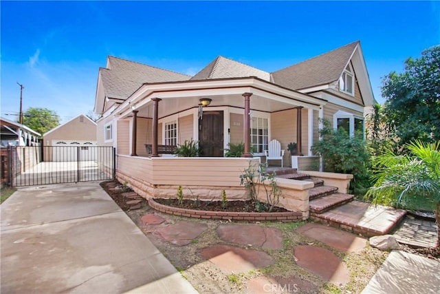 view of front of property with an outbuilding, a garage, and a porch