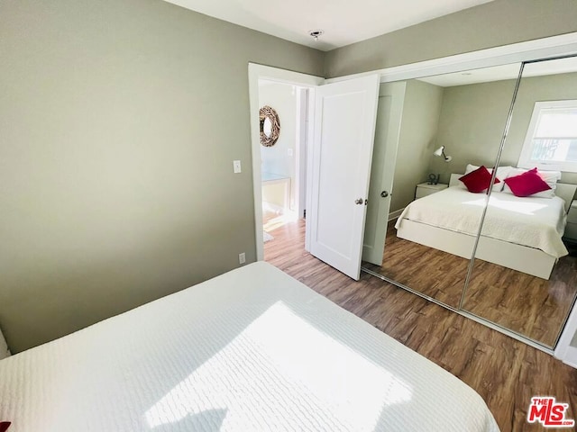 bedroom with hardwood / wood-style floors and a closet