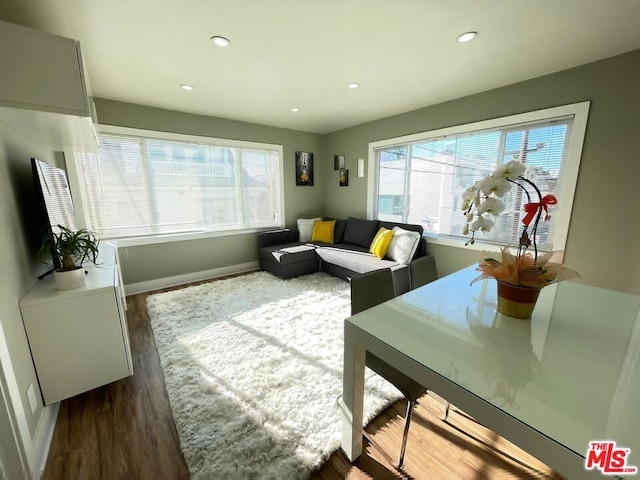 living room featuring a wealth of natural light and dark hardwood / wood-style flooring