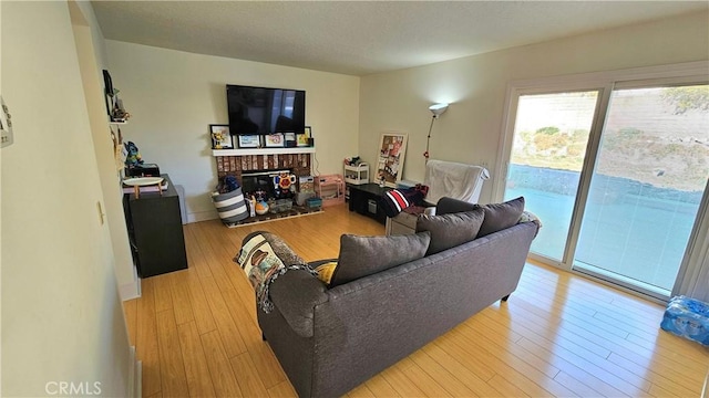 living room with a brick fireplace and light hardwood / wood-style floors