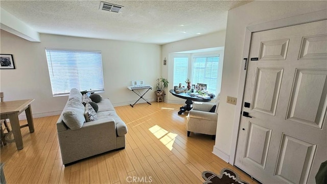 living room featuring a textured ceiling, light hardwood / wood-style flooring, and a healthy amount of sunlight