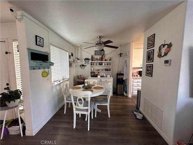 dining room with ceiling fan and dark hardwood / wood-style flooring