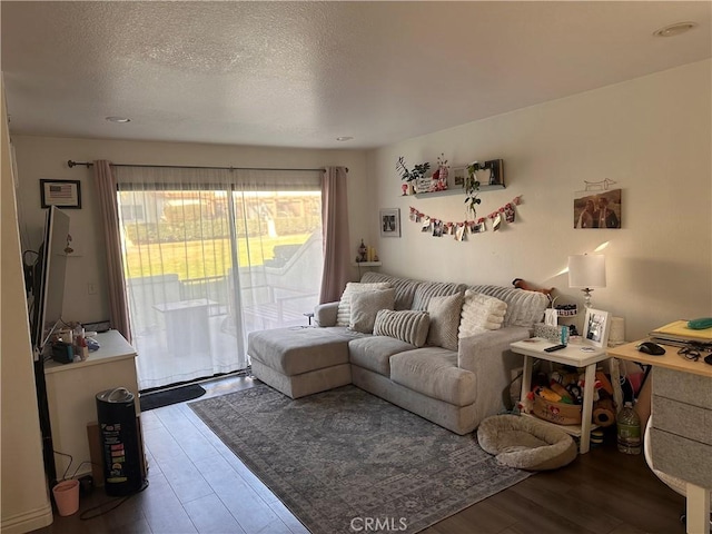 living room featuring a textured ceiling and hardwood / wood-style flooring