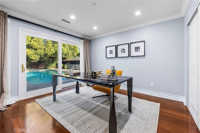 home office featuring dark wood-type flooring and crown molding