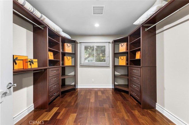 spacious closet with dark hardwood / wood-style floors