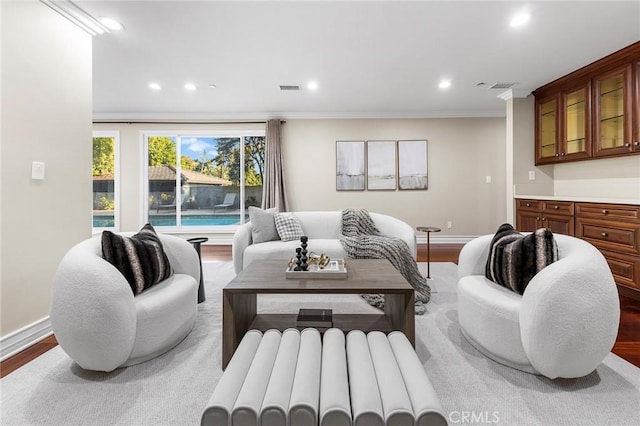 living room featuring crown molding and wood-type flooring