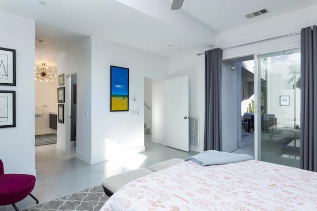 bedroom featuring access to exterior and ceiling fan with notable chandelier