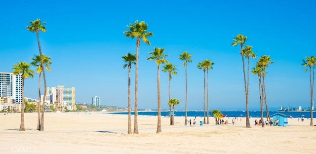 view of property's community with a water view and a view of the beach