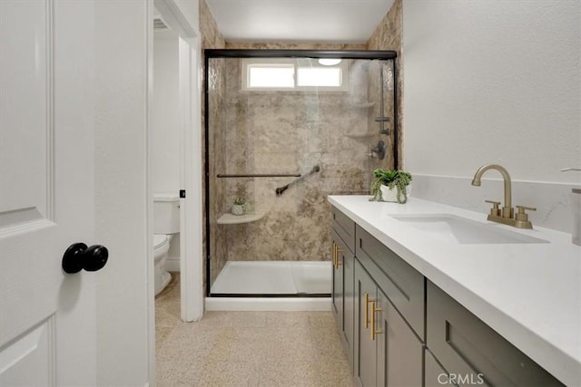 bathroom with toilet, vanity, and an enclosed shower