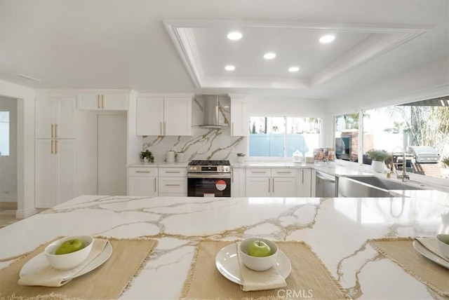 kitchen with white cabinetry, wall chimney range hood, stainless steel appliances, sink, and a raised ceiling