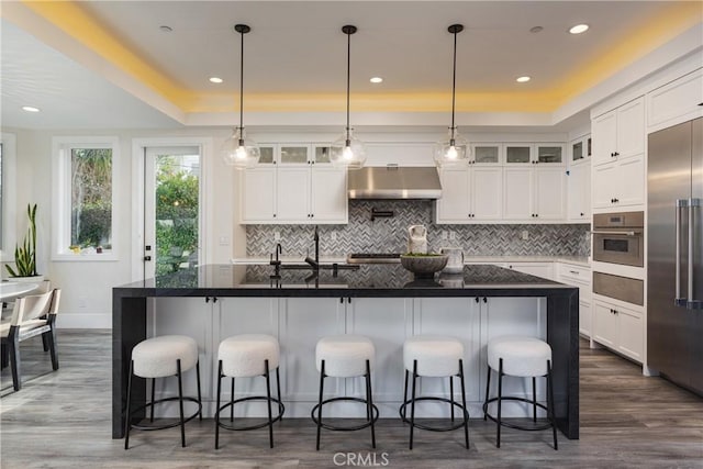 kitchen featuring a breakfast bar area, stainless steel appliances, ventilation hood, an island with sink, and a raised ceiling