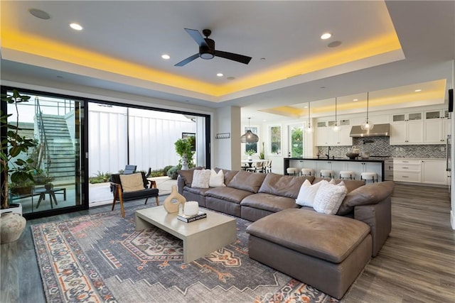 living room featuring sink, a tray ceiling, dark hardwood / wood-style floors, and ceiling fan