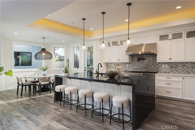 kitchen featuring ventilation hood, white cabinetry, a kitchen breakfast bar, a kitchen island with sink, and a tray ceiling