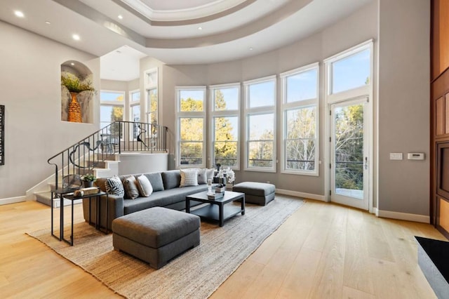 living room with crown molding, a tray ceiling, and light hardwood / wood-style floors