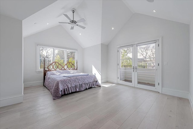 bedroom with access to outside, light hardwood / wood-style floors, and ceiling fan