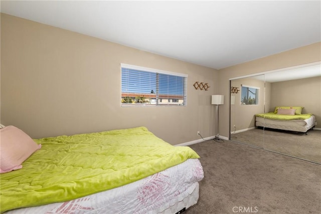 bedroom with multiple windows, a closet, and carpet