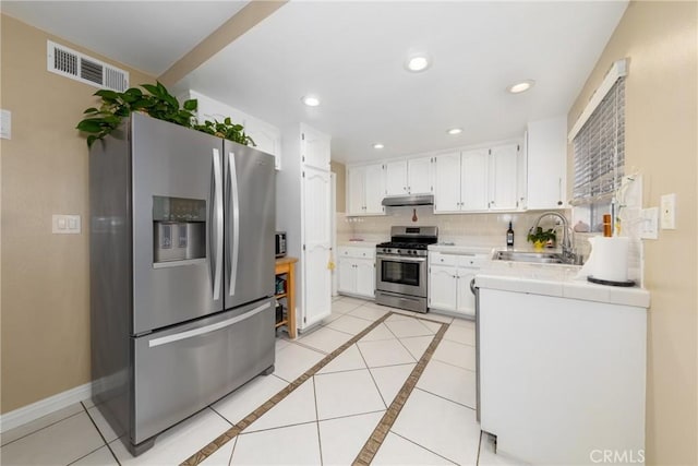 kitchen with appliances with stainless steel finishes, sink, white cabinets, decorative backsplash, and tile counters