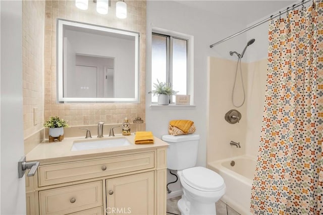 full bathroom with backsplash, toilet, vanity, and shower / bath combination with curtain