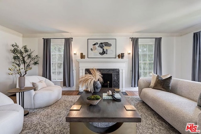 living room with hardwood / wood-style floors, a high end fireplace, and a healthy amount of sunlight