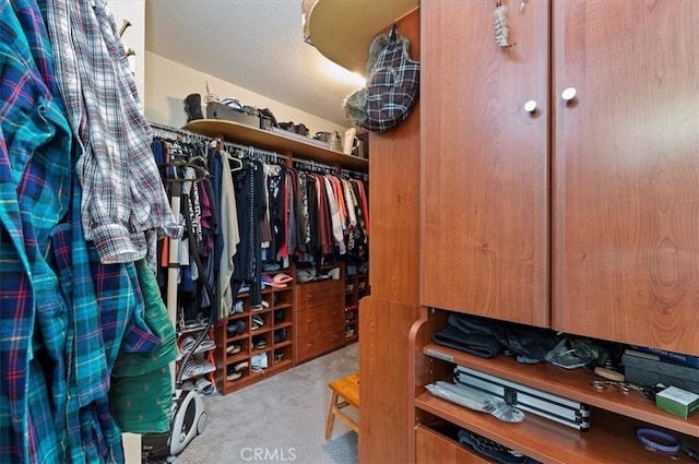 walk in closet featuring light carpet