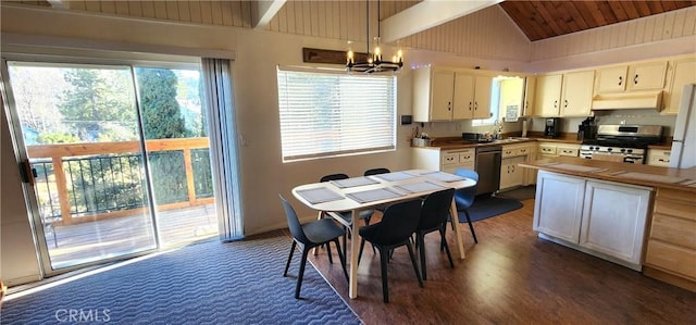 kitchen with wooden counters, a notable chandelier, hanging light fixtures, wood ceiling, and stainless steel appliances