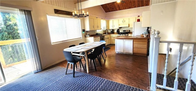 kitchen with lofted ceiling, wood ceiling, decorative light fixtures, white refrigerator, and butcher block countertops