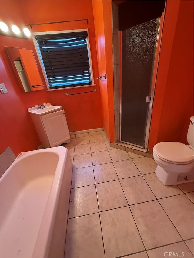 full bathroom featuring toilet, sink, tile patterned floors, and plus walk in shower