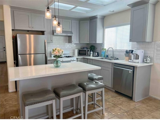 kitchen featuring gray cabinets, appliances with stainless steel finishes, sink, and decorative backsplash