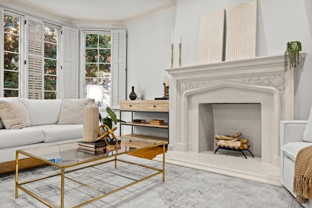 living area featuring crown molding