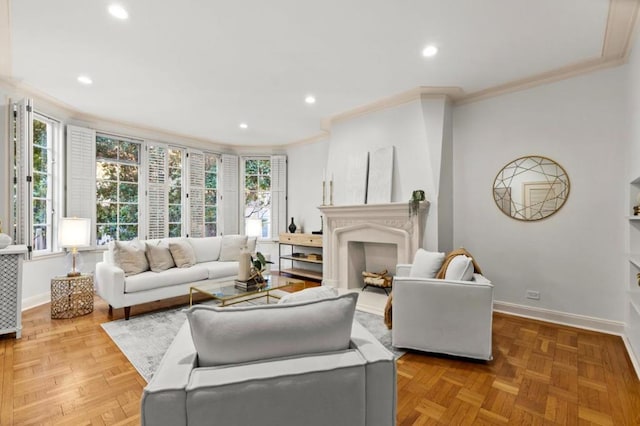 living room with parquet floors and crown molding