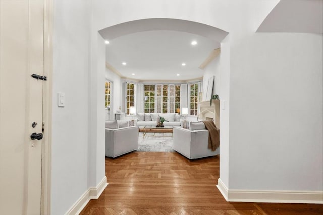 living room with light parquet floors