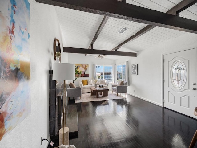 living room featuring wood ceiling, ceiling fan, beamed ceiling, and dark hardwood / wood-style floors