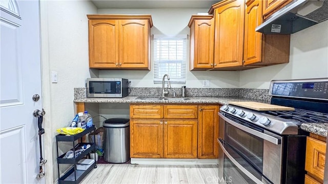 kitchen featuring sink, stone counters, stainless steel appliances, and light hardwood / wood-style floors