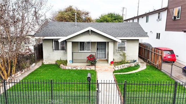 bungalow-style home with a front yard and a porch