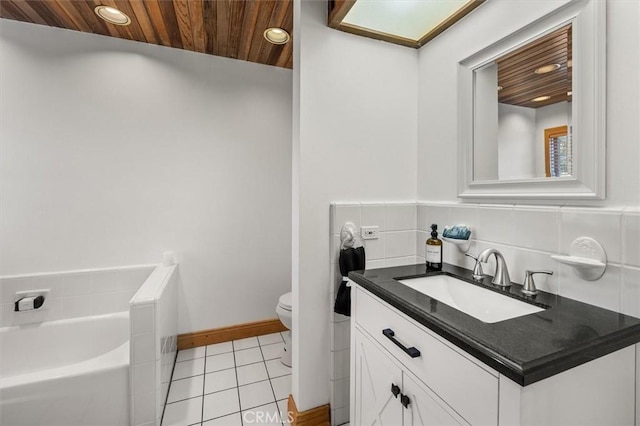 full bathroom with recessed lighting, tile patterned flooring, and wood ceiling