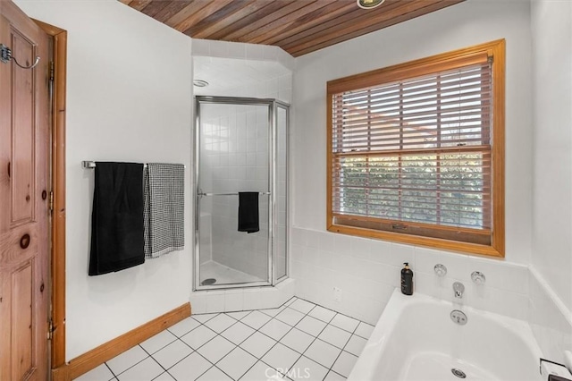 bathroom with separate shower and tub, wood ceiling, and tile patterned floors