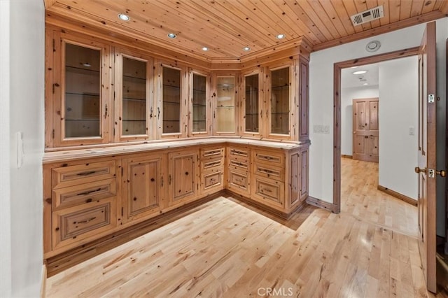 interior space with recessed lighting, wood finished floors, and wooden ceiling