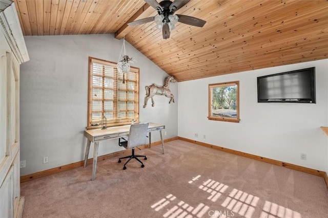 unfurnished office featuring ceiling fan, wooden ceiling, light carpet, and vaulted ceiling with beams