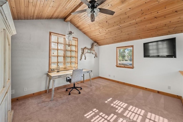 carpeted office space with wooden ceiling, ceiling fan, lofted ceiling with beams, and baseboards