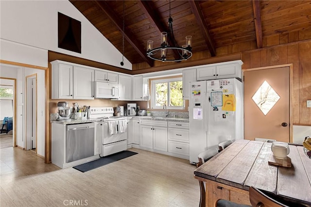 kitchen featuring wooden ceiling, white appliances, white cabinets, and beamed ceiling