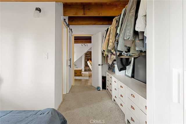 spacious closet with light carpet and beamed ceiling